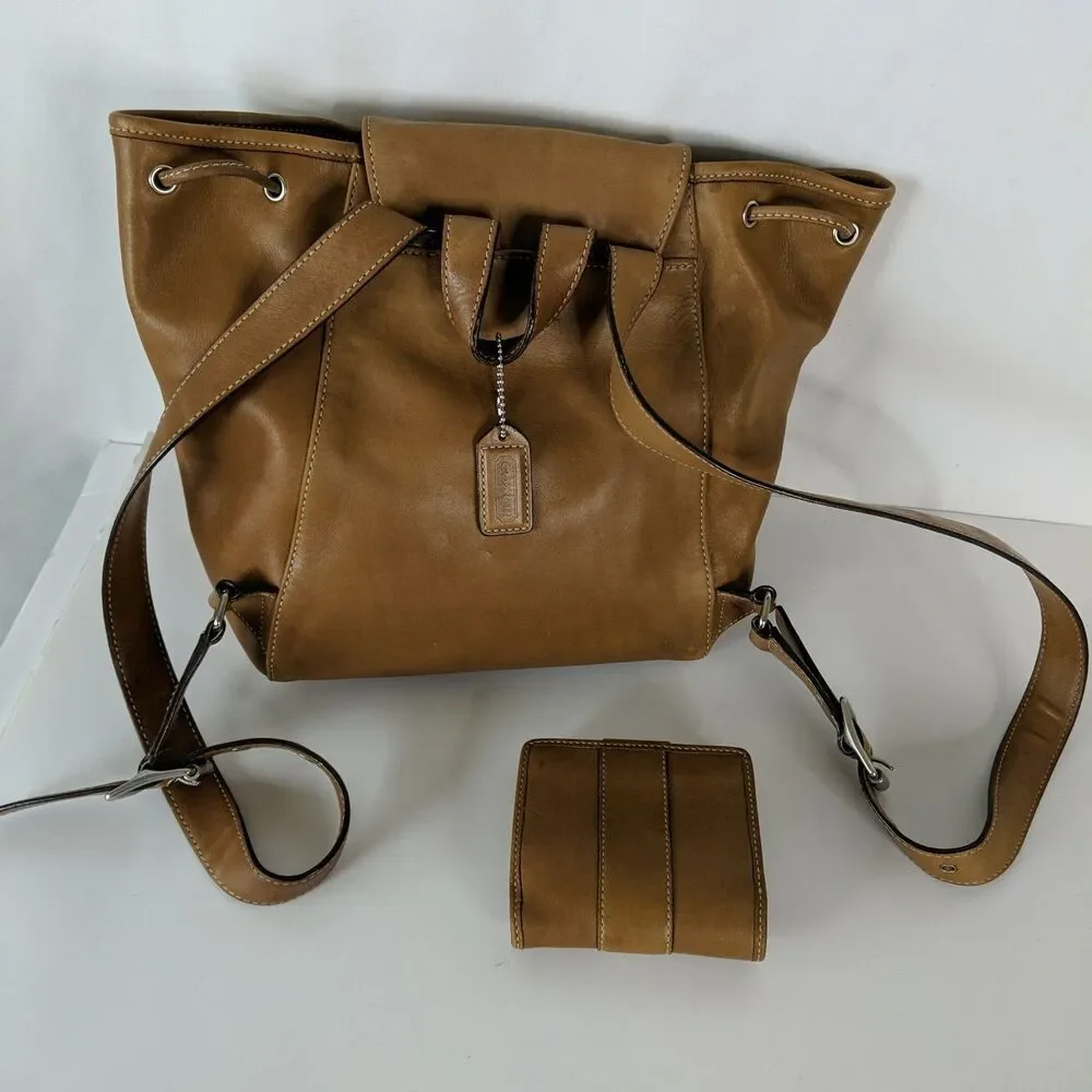 COACH Legacy Vintage Brown Leather Drawstring Backpack 9569 2005 Matching Wallet